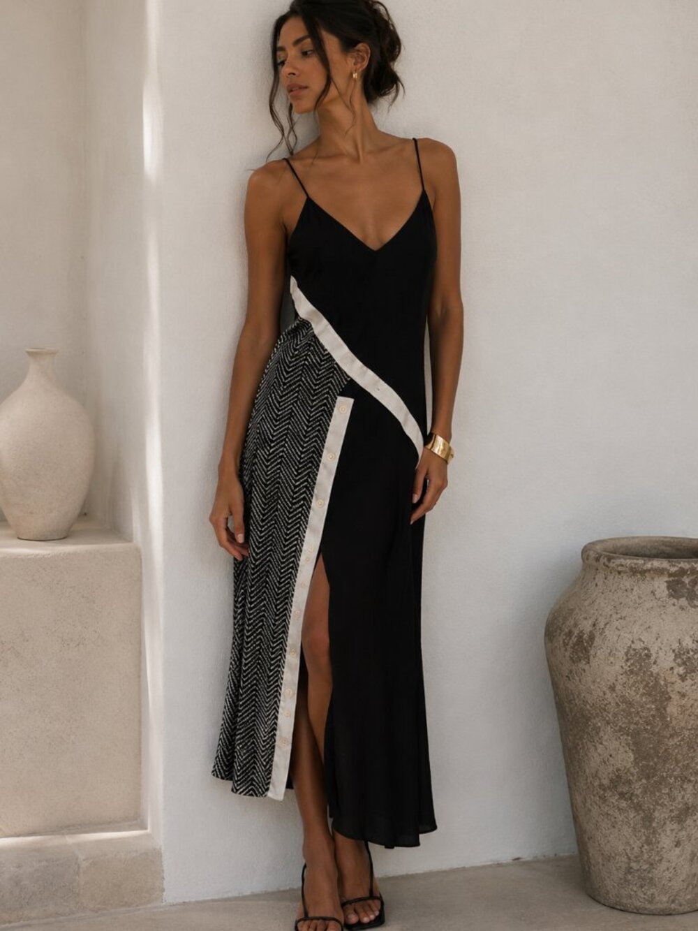 Adeam Black White Undone Sleeveless Maxi Dress Womens 4 Artsy Buttons Satin